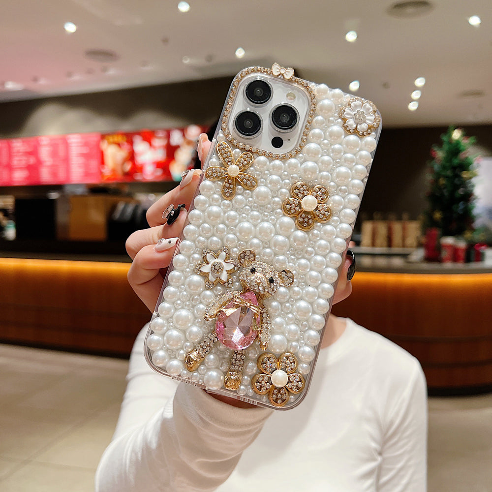 Handmade Decorative Pearl and Diamond Bear Phone Case - iPhone 16 Plus