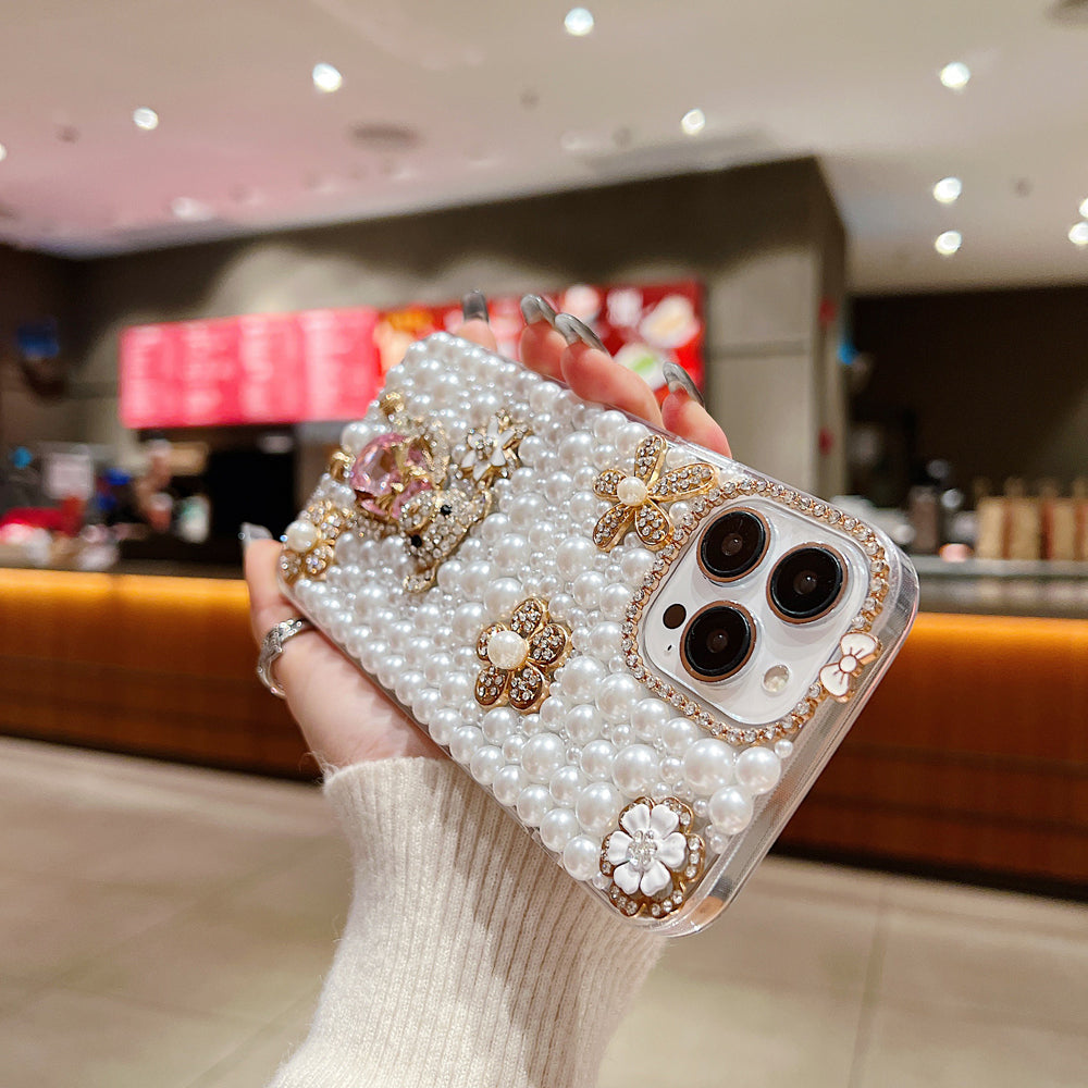 Handmade Decorative Pearl and Diamond Bear Phone Case - iPhone 16 Plus