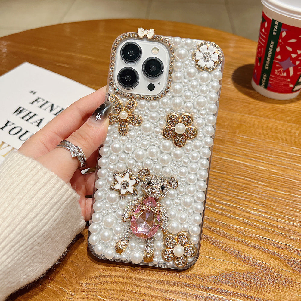 Handmade Decorative Pearl and Diamond Bear Phone Case - iPhone 16 Plus