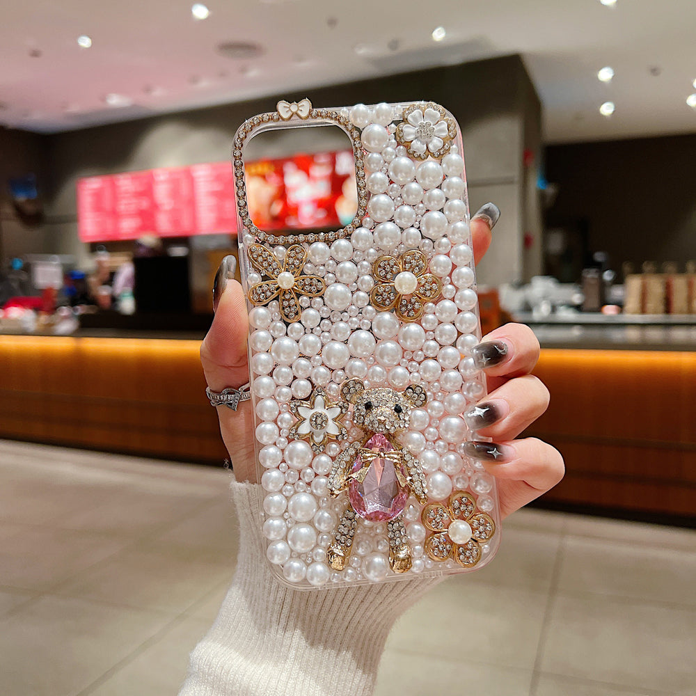 Handmade Decorative Pearl and Diamond Bear Phone Case - iPhone 16