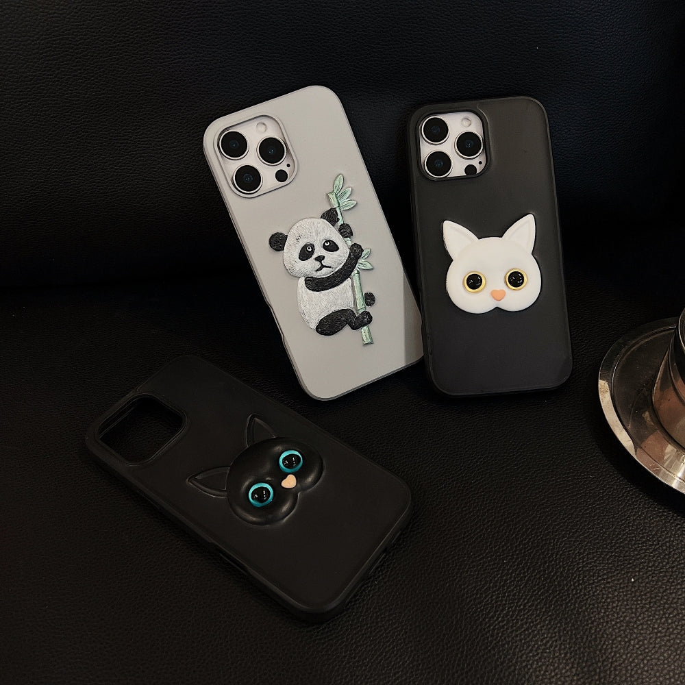 Embossed Panda | 3D Eye Cat TPU (Soft) Phone Case - iPhone 15 Plus