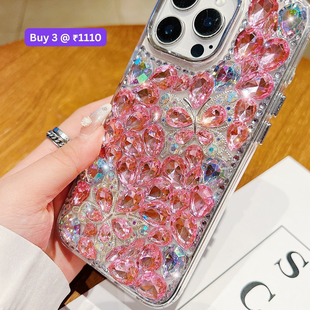 Full Covered Diamond and Butterfly Charm TPU (Soft) Phone Case | Mobile Cover - iPhone 15