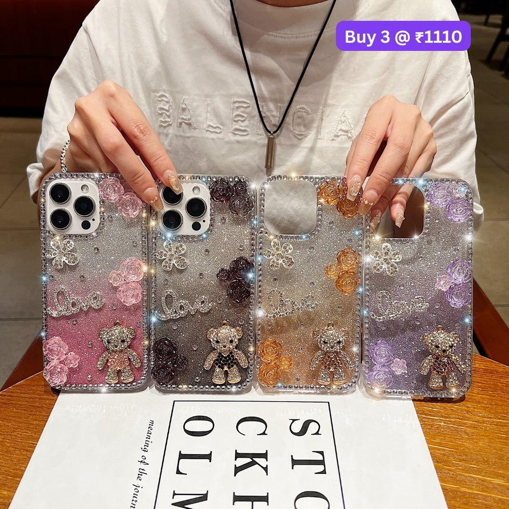Glitter Paper Diamond Flower Love Bear Transparent TPU (Soft) Phone Case | Mobile Cover - iPhone 15