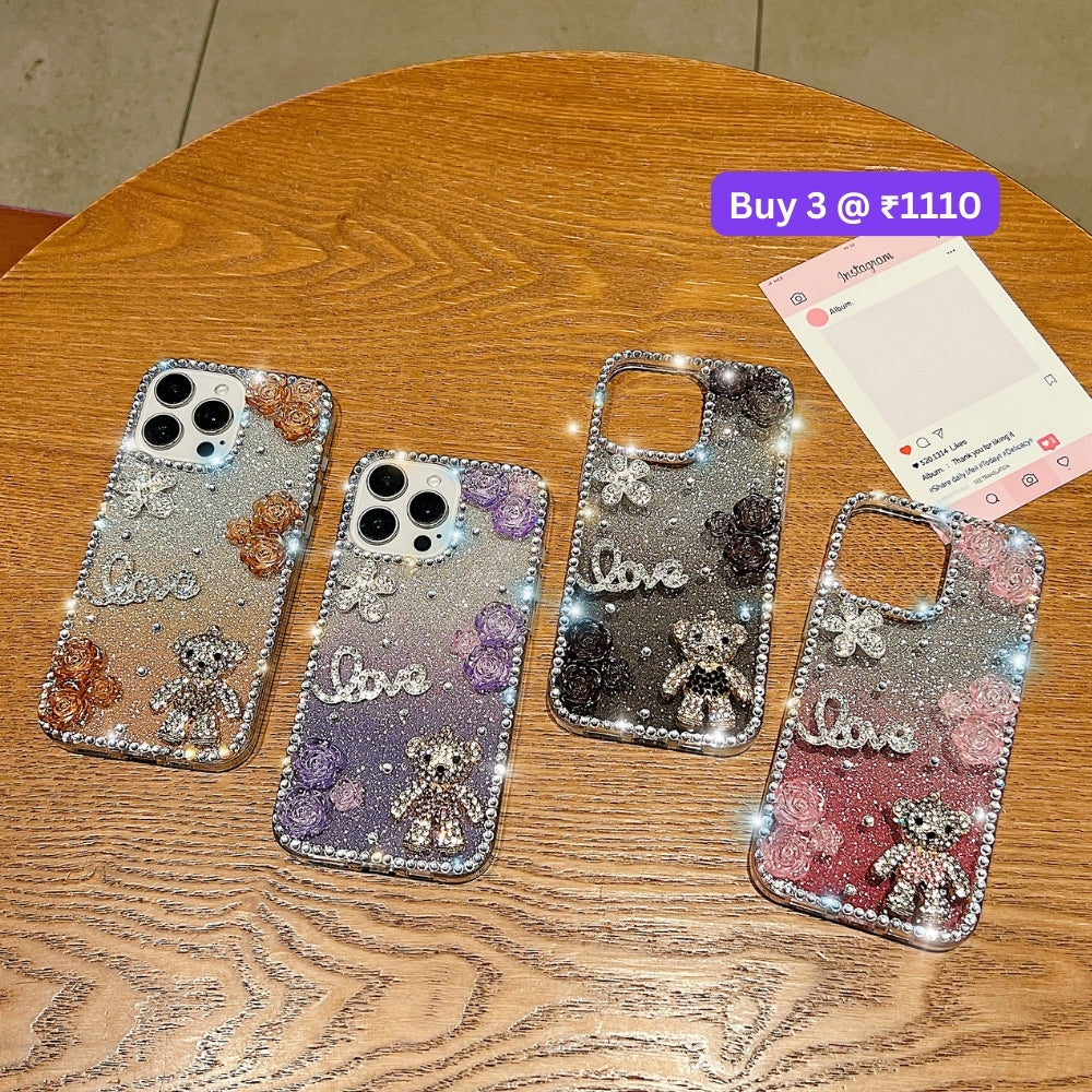 Glitter Paper Diamond Flower Love Bear Transparent TPU (Soft) Phone Case | Mobile Cover - iPhone 15