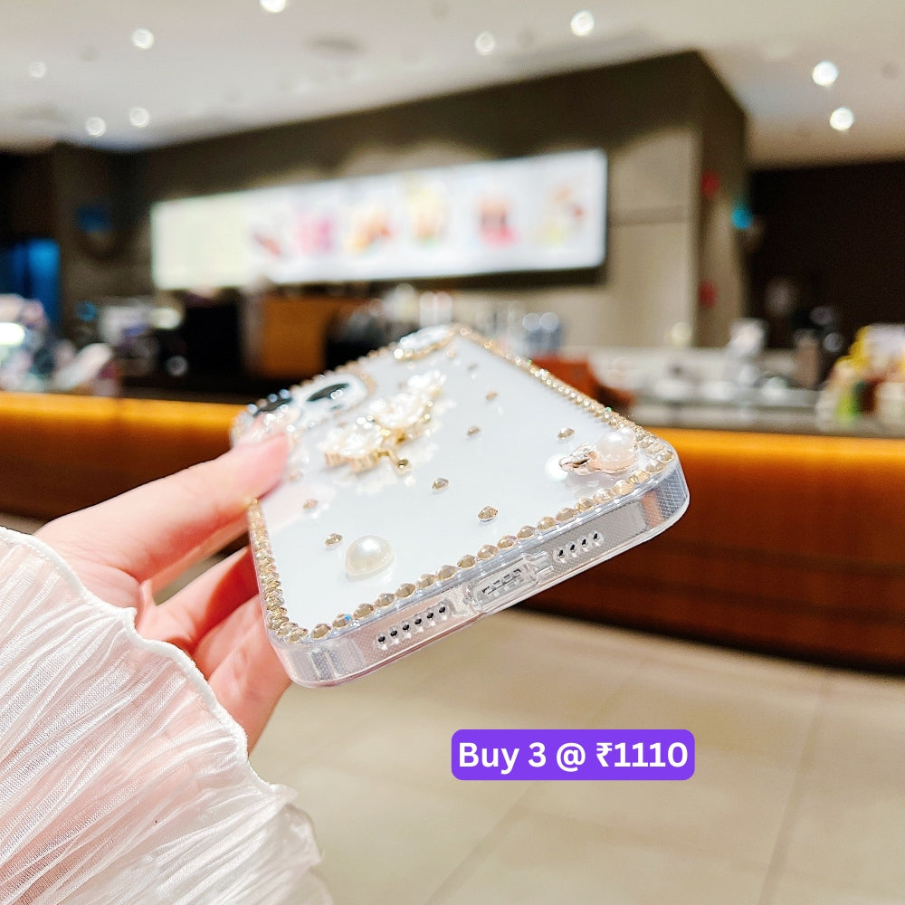 Handmade Jasmin Flower Pattern Diamond Border Transparent TPU(Soft) Case - iPhone 14 Pro