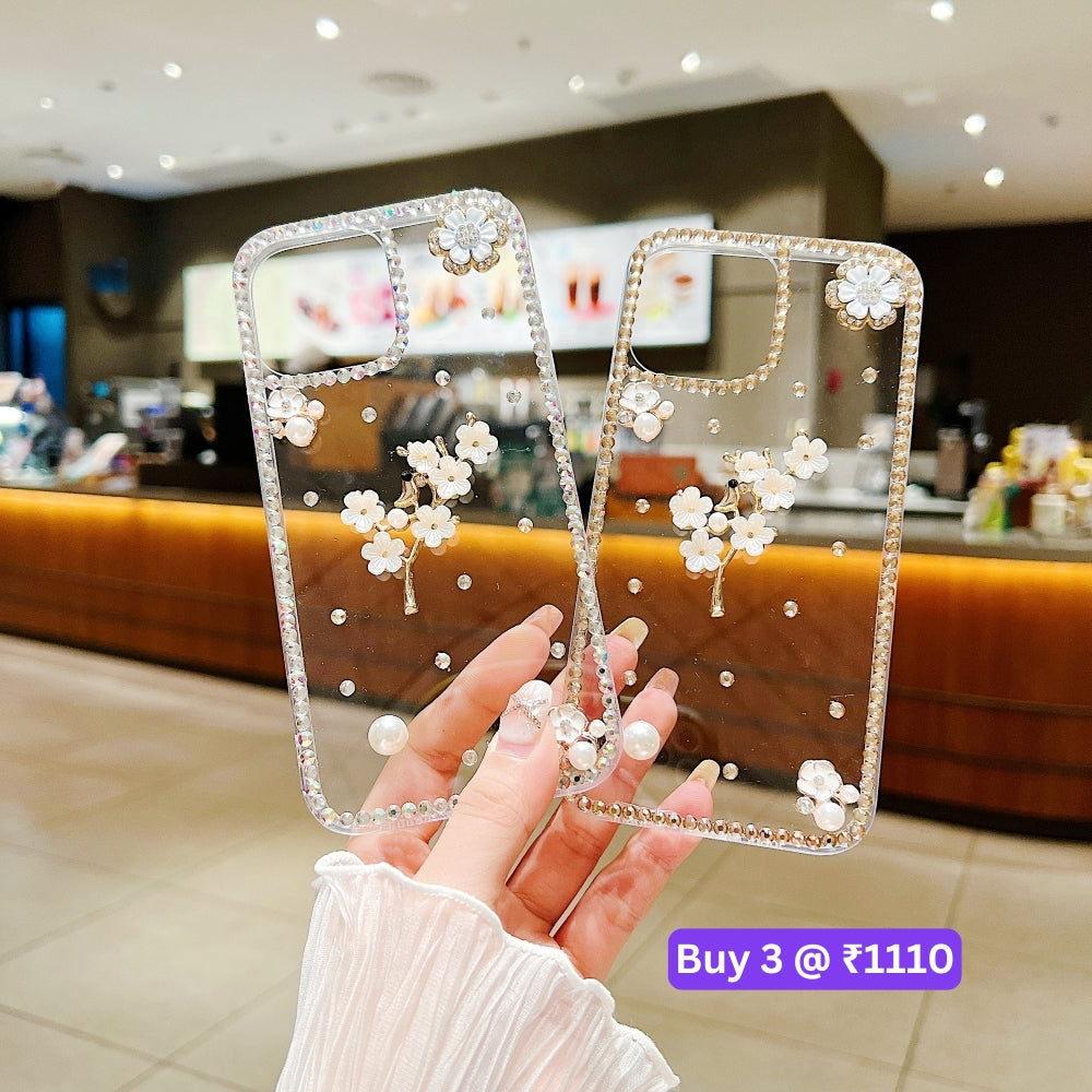 Handmade Jasmin Flower Pattern Diamond Border Transparent TPU(Soft) Case - iPhone 14 Pro