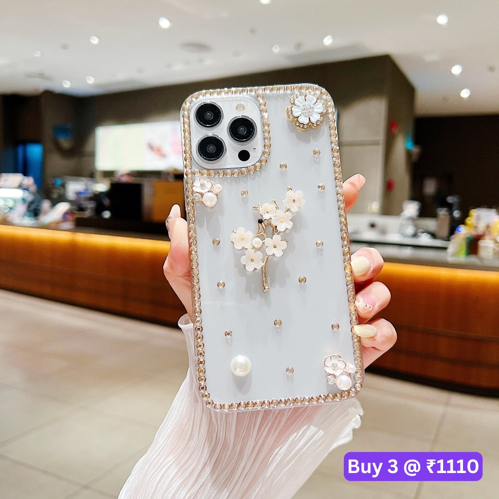 Handmade Jasmin Flower Pattern Diamond Border Transparent TPU(Soft) Case - iPhone 14 Pro