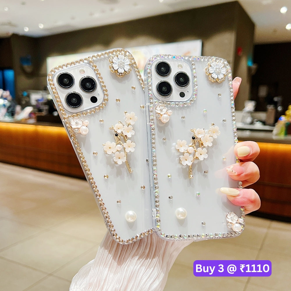 Handmade Jasmin Flower Pattern Diamond Border Transparent TPU(Soft) Case - iPhone 14 Pro