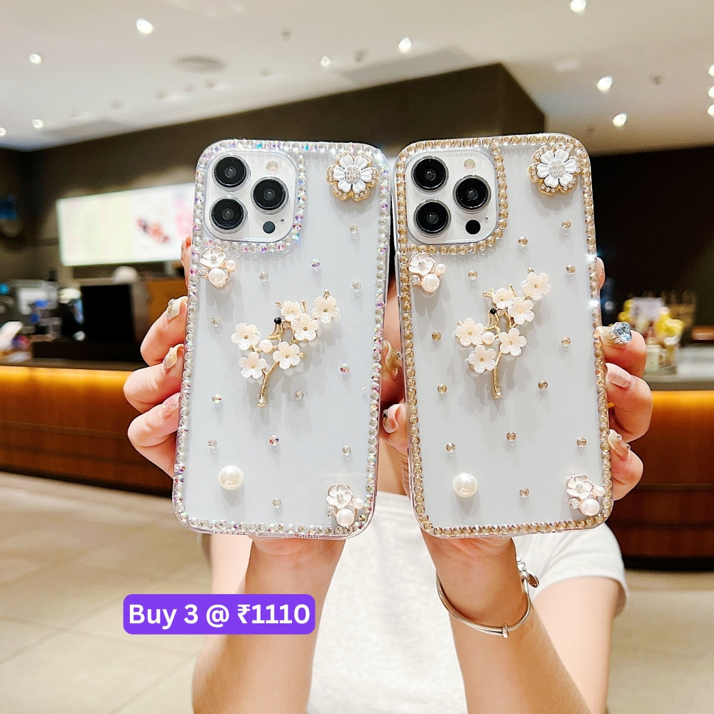 Handmade Jasmin Flower Pattern Diamond Border Transparent TPU(Soft) Case - iPhone 14 Pro