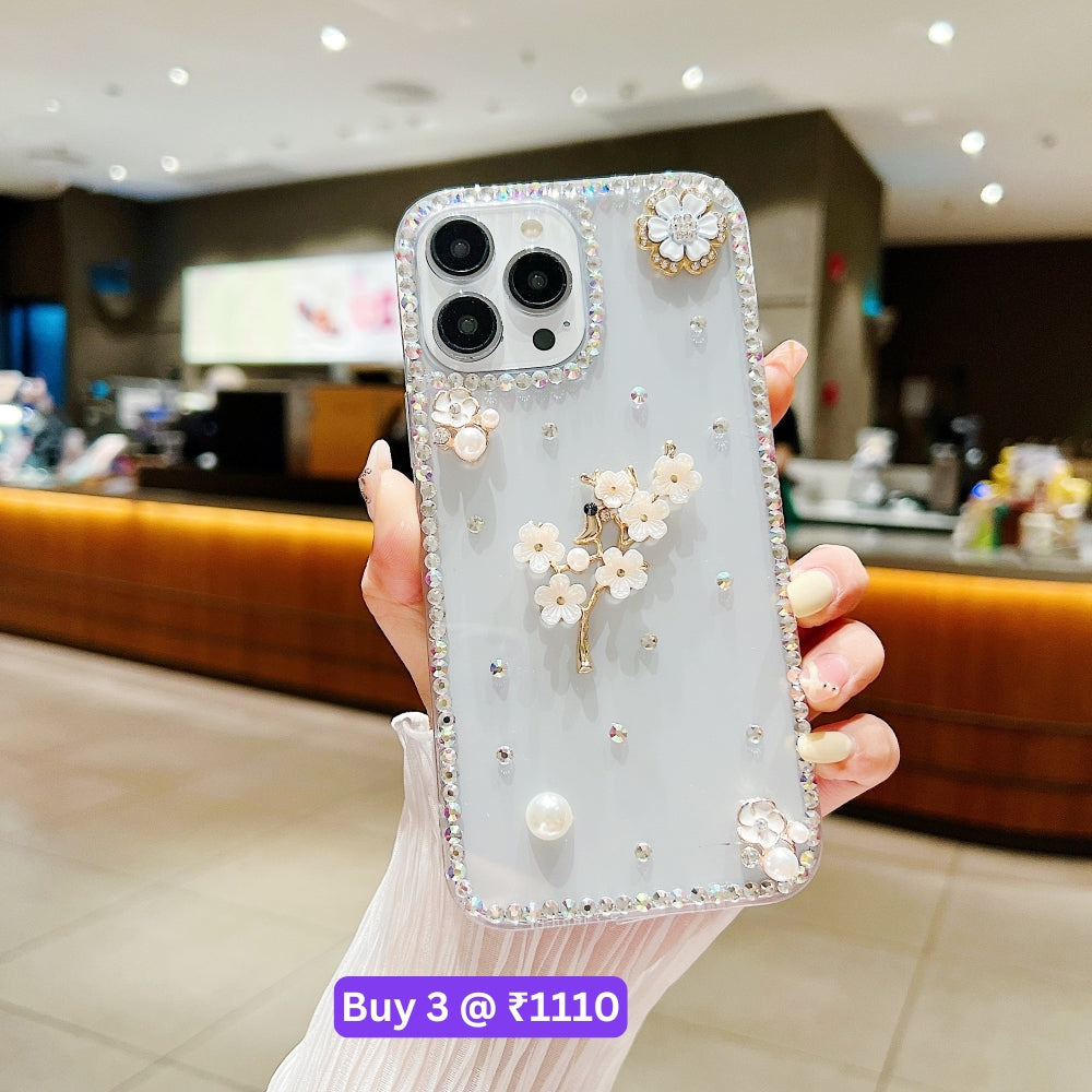 Handmade Jasmin Flower Pattern Diamond Border Transparent TPU(Soft) Case - iPhone 14 Pro