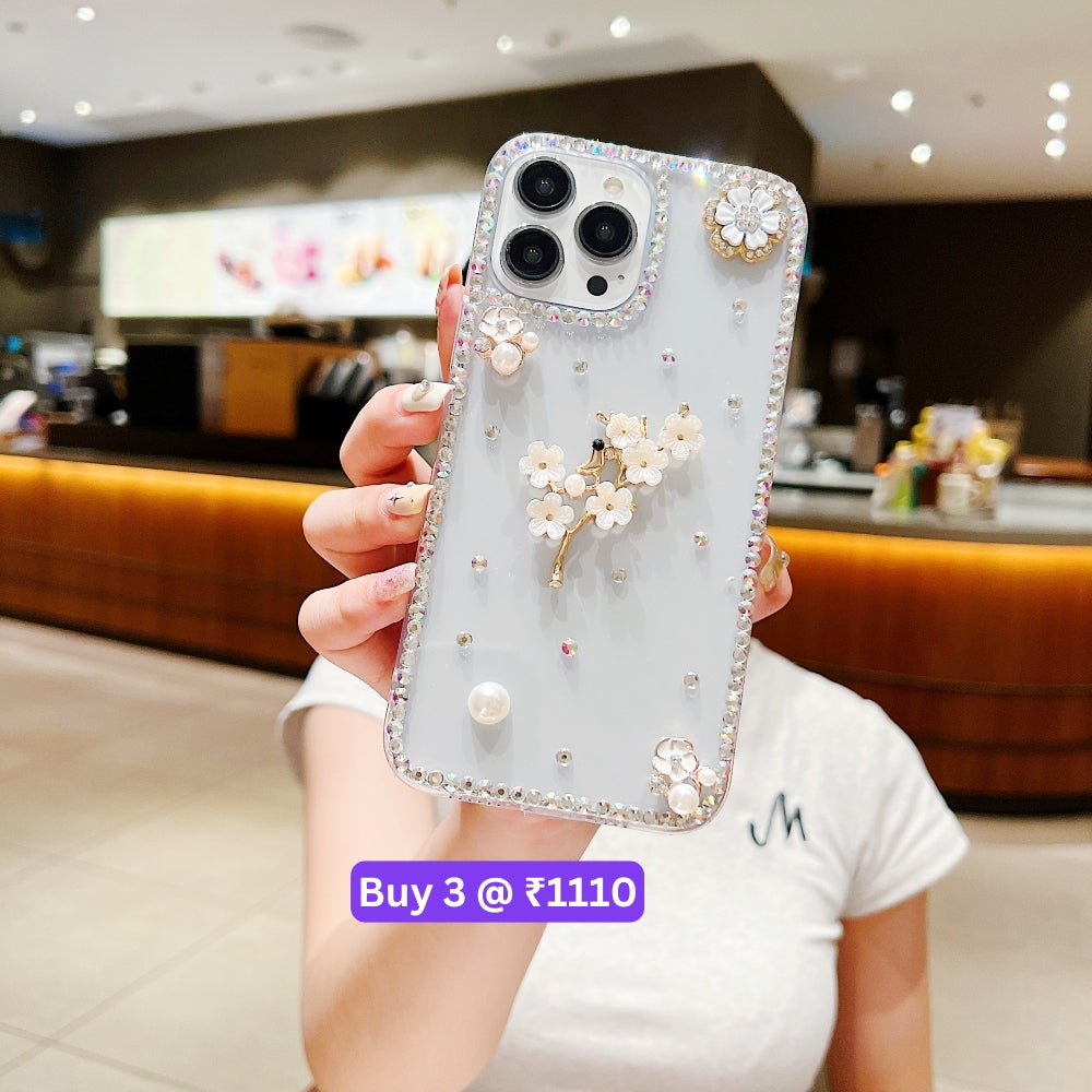 Handmade Jasmin Flower Pattern Diamond Border Transparent TPU(Soft) Case - iPhone 14 Pro