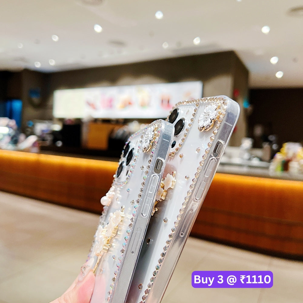 Handmade Jasmin Flower Pattern Diamond Border Transparent TPU(Soft) Case - iPhone 14 Pro