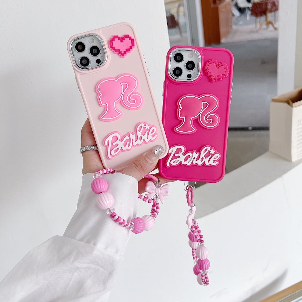 Heart and Doll Charm Silicone Soft Phone Case with Bracelet - iPhone 14 Plus