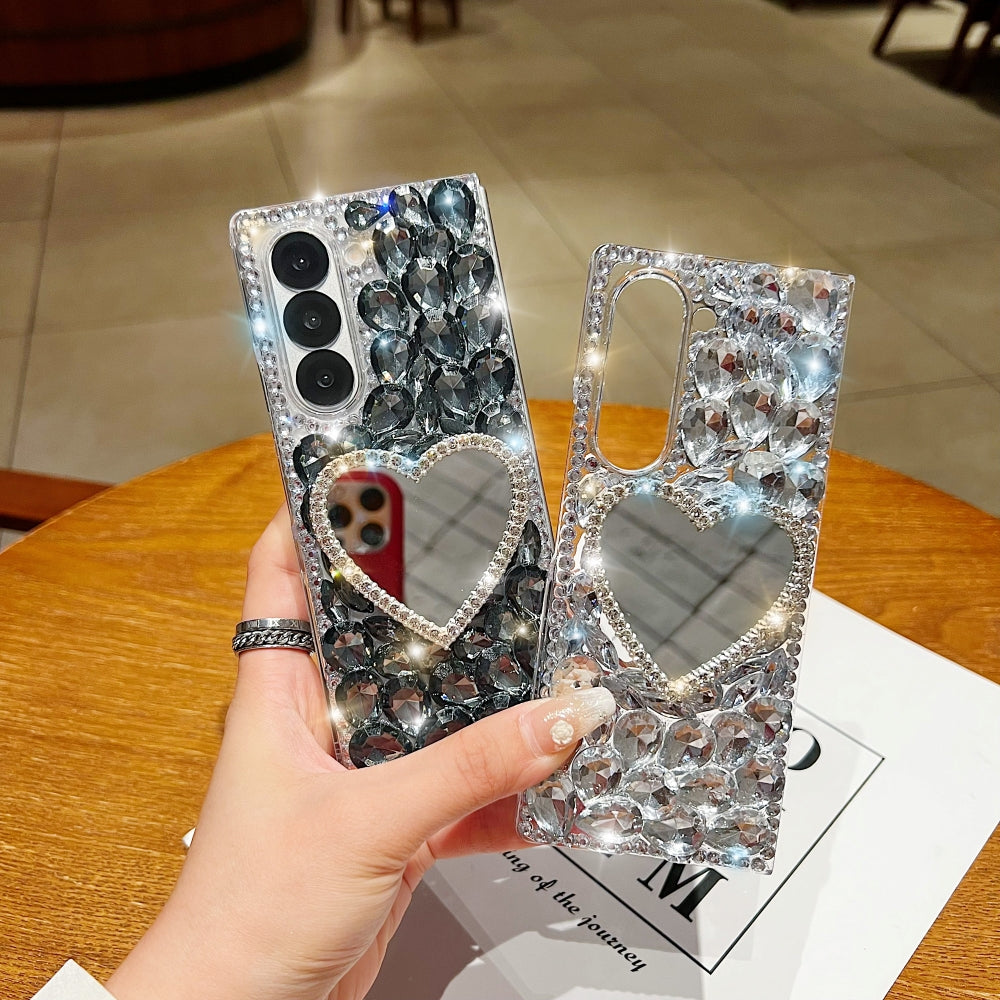 Heart shaped Makeup Mirror Dimond TPU (Soft) Phone Case | Mobile Cover - Samsung Z Fold 6