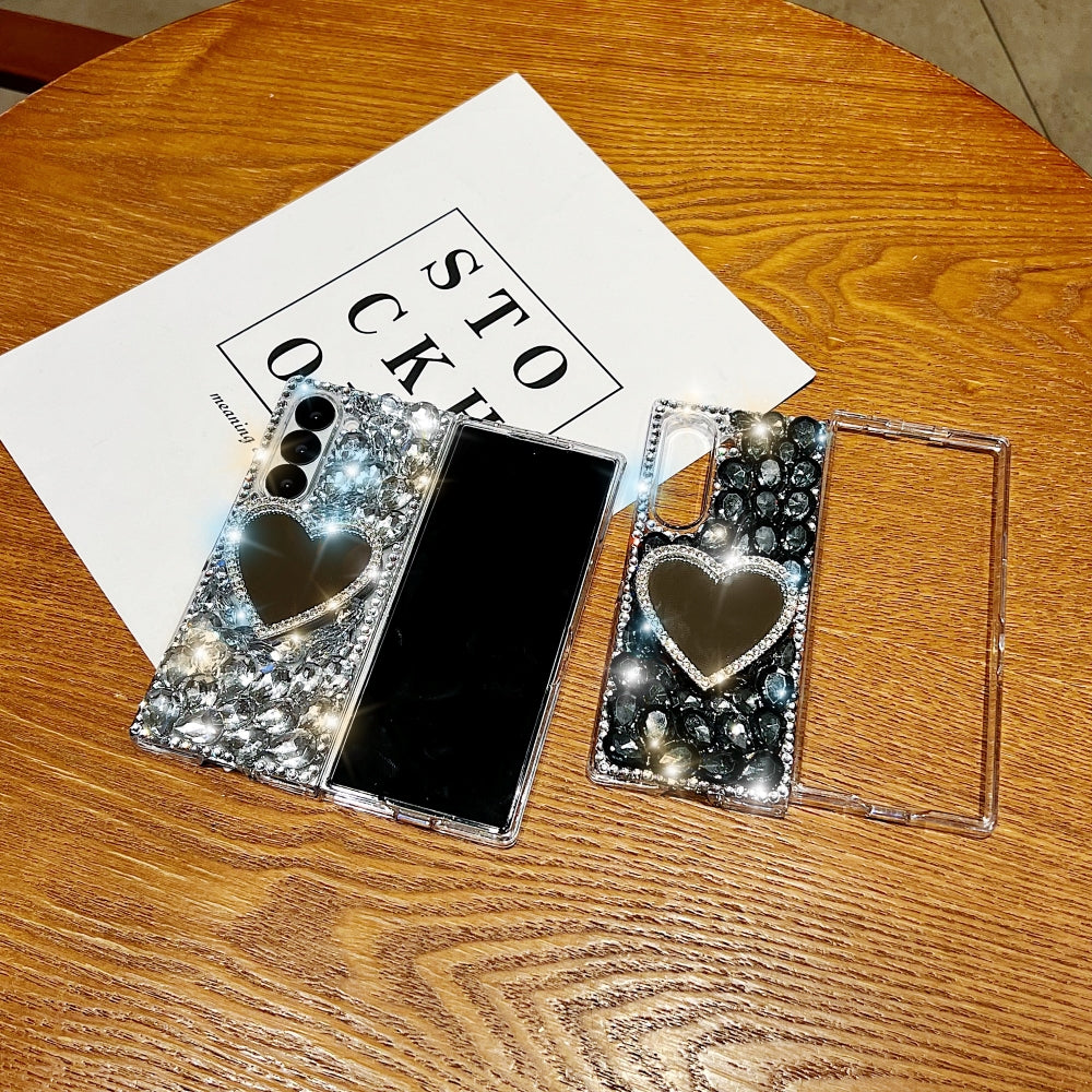 Heart shaped Makeup Mirror Dimond TPU (Soft) Phone Case | Mobile Cover - Samsung Z Fold 6