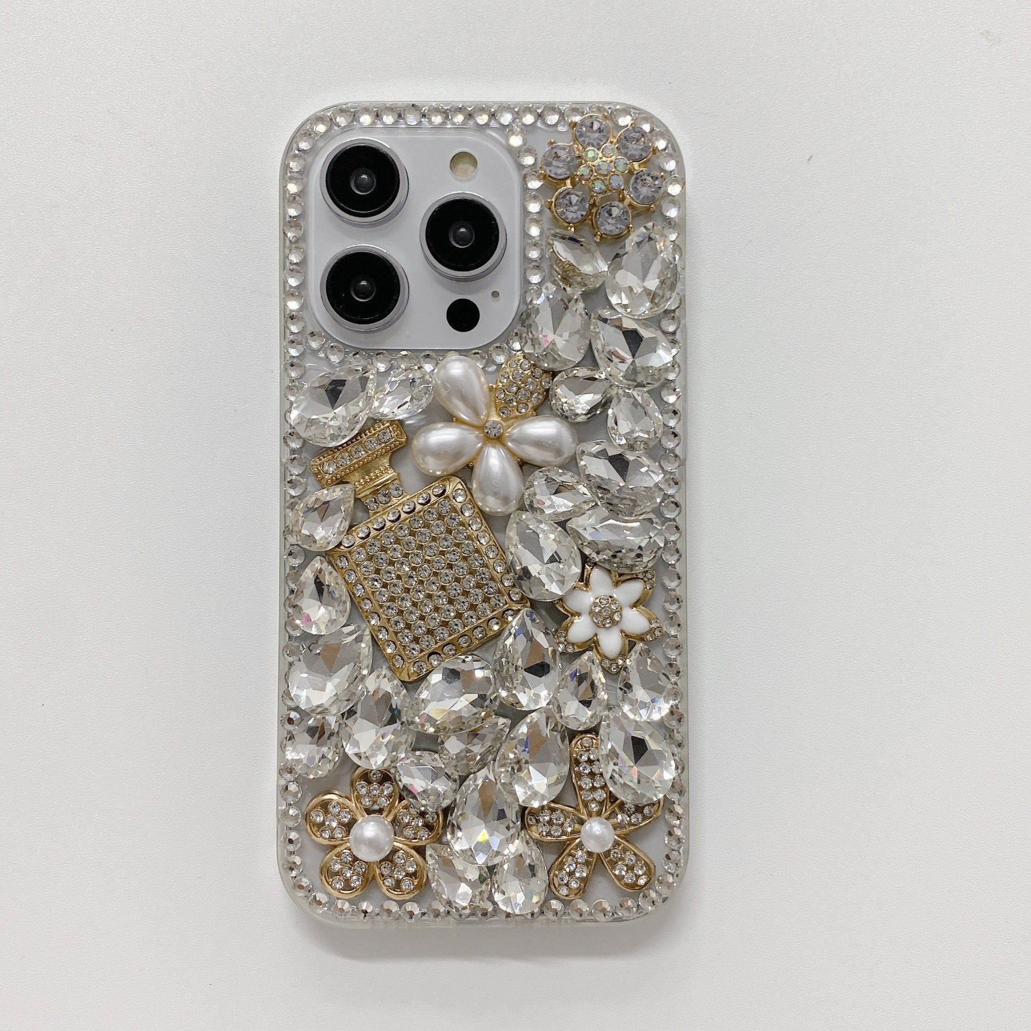 Handmade Crystal Pearl And Floral Plating Anti-fall Case - iPhone 15 Plus