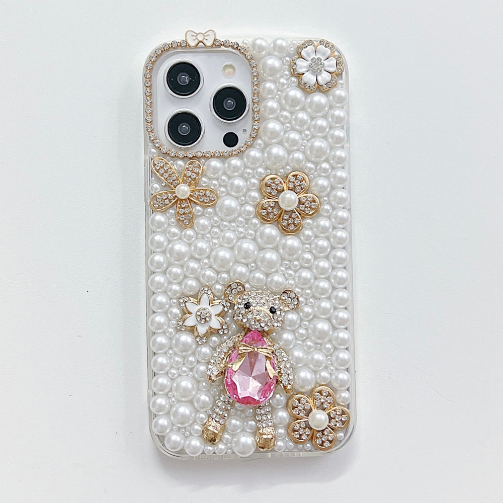 Handmade Decorative Pearl and Diamond Bear Phone Case - iPhone 15 Pro