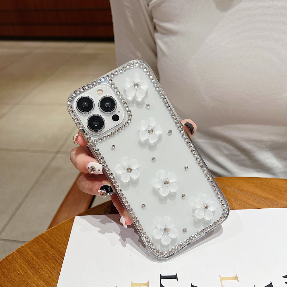 Five Leaf 3D Flower Diamond Border Transparent PC (Hard) | TPU (Soft) Phone Case - iPhone 15 Pro