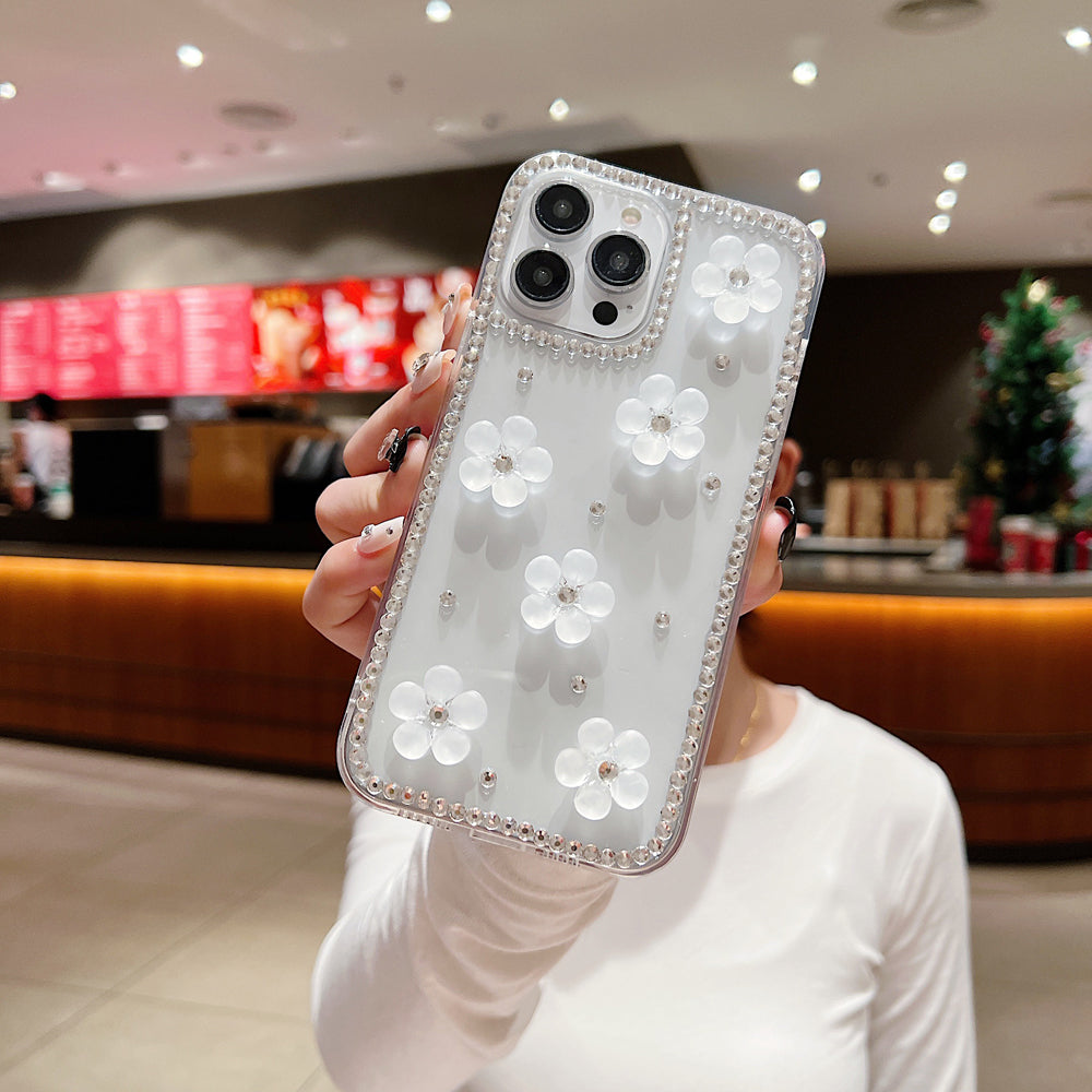 Five Leaf 3D Flower Diamond Border Transparent PC (Hard) | TPU (Soft) Phone Case - iPhone 14 Plus