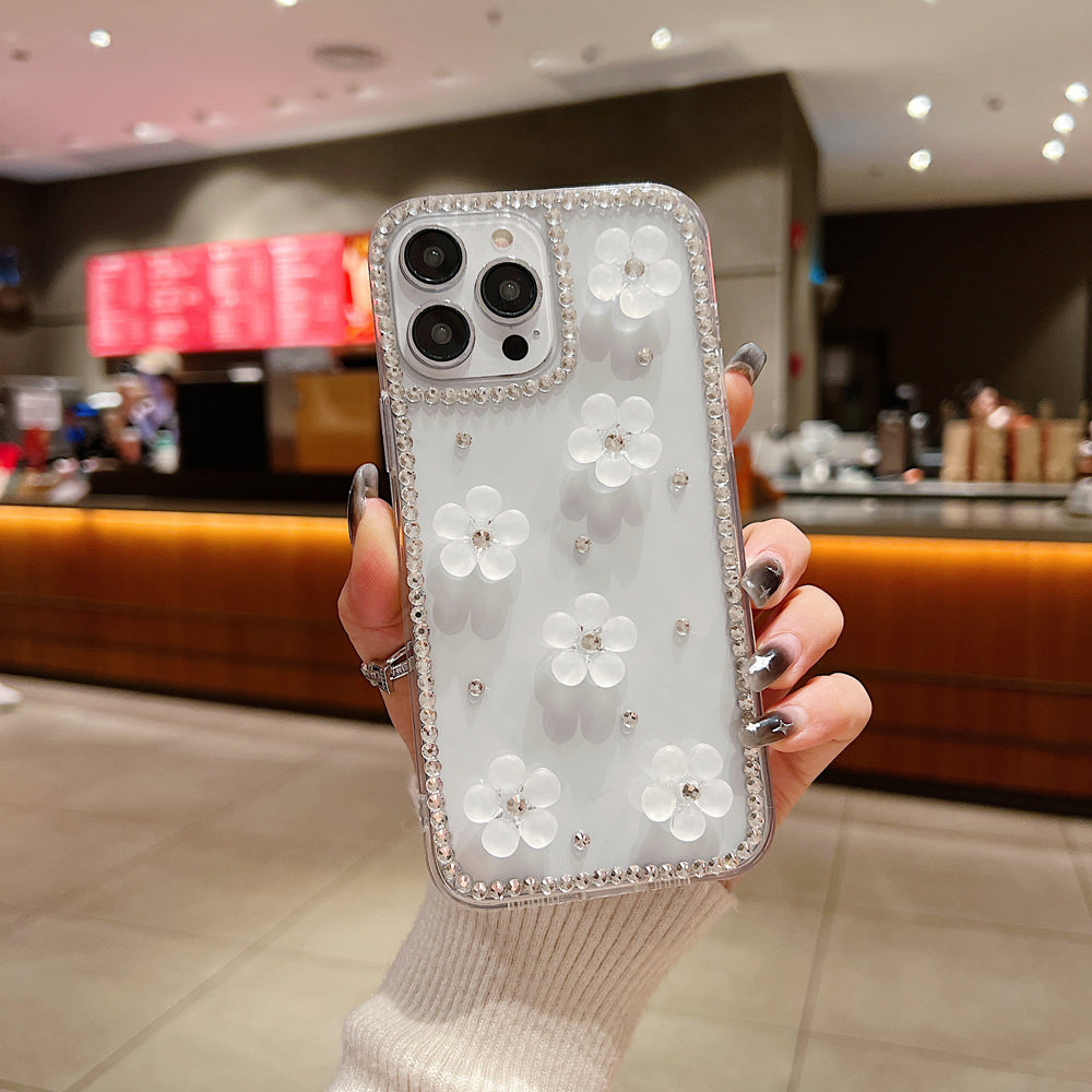 Five Leaf 3D Flower Diamond Border Transparent PC (Hard) | TPU (Soft) Phone Case - iPhone 15 Plus