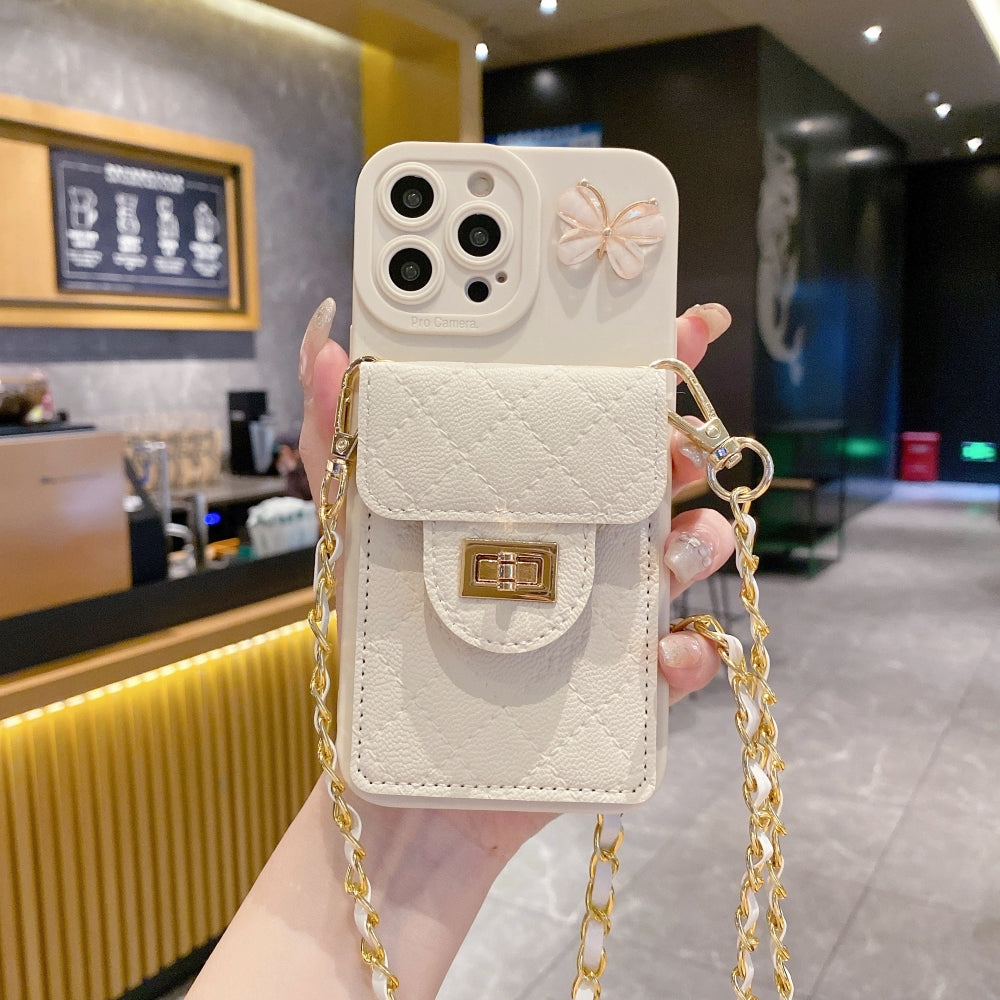 Luxury PU Leather Wallet Silicone Phone Case with Crossbody Chain Card Slot Bag - iPhone 12 Pro Max