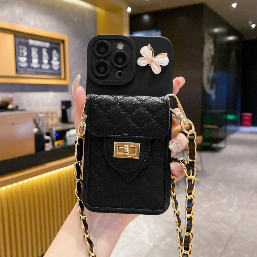 Luxury PU Leather Wallet Silicone Phone Case with Crossbody Chain Card Slot Bag - iPhone 12 Pro Max