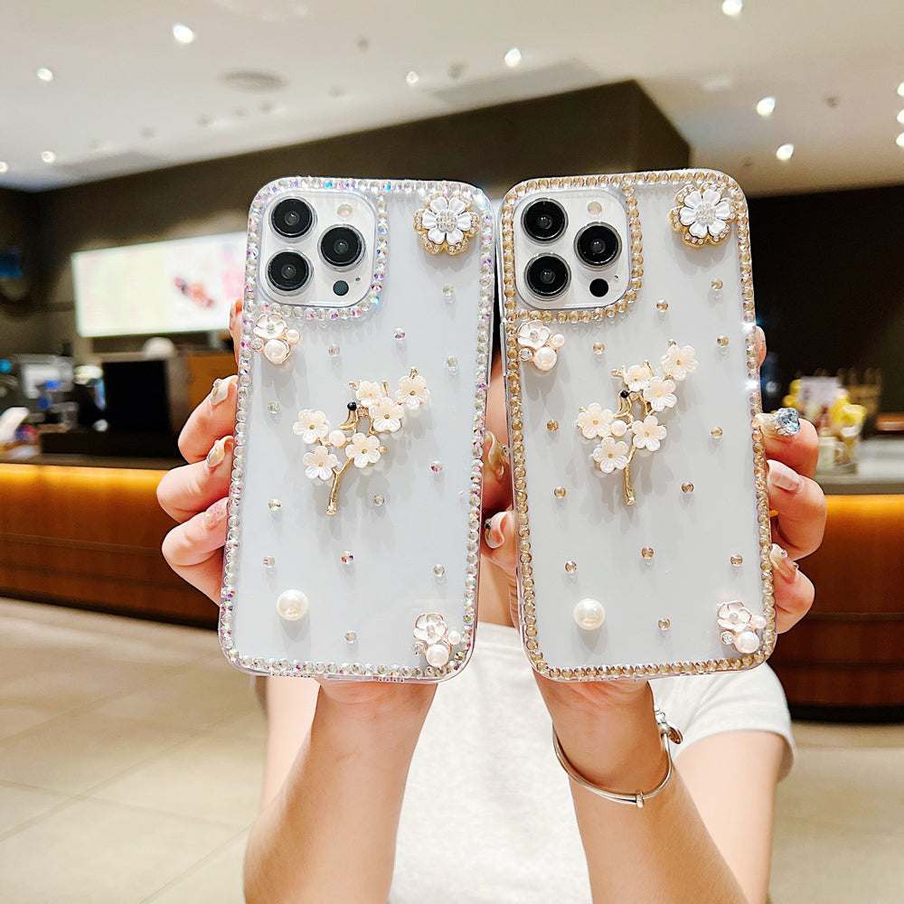 Handmade Jasmin Flower Pattern Diamond Border Transparent TPU(Soft) Case - iPhone 15 Plus