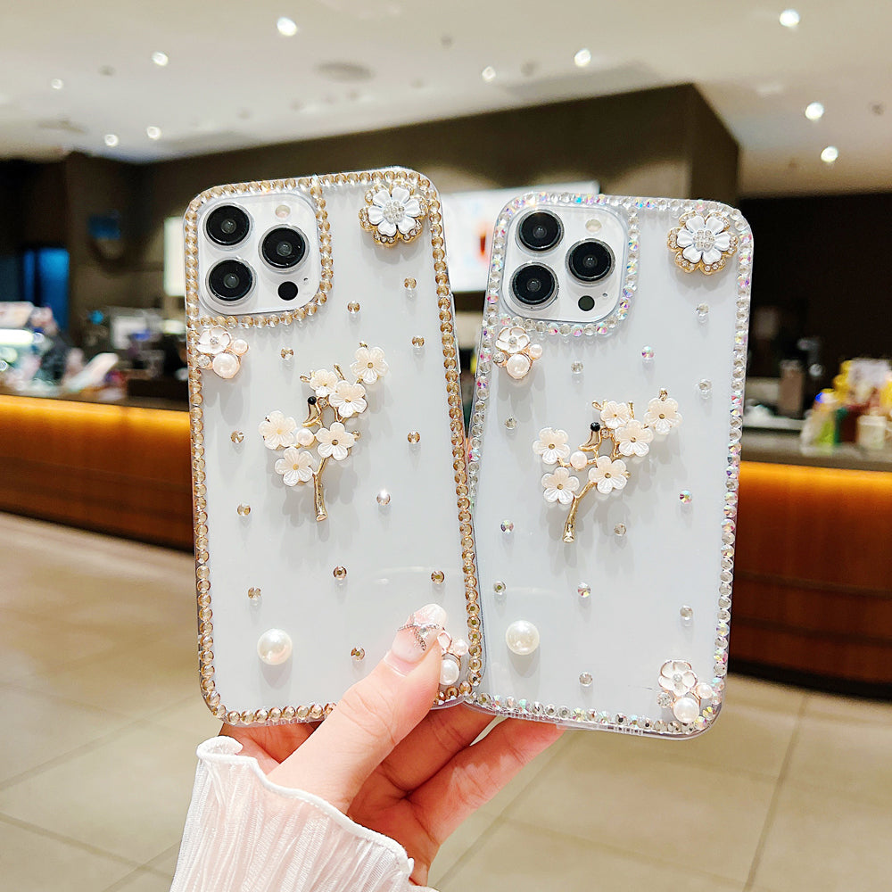 Handmade Jasmin Flower Pattern Diamond Border Transparent TPU(Soft) Case - iPhone 15 Plus