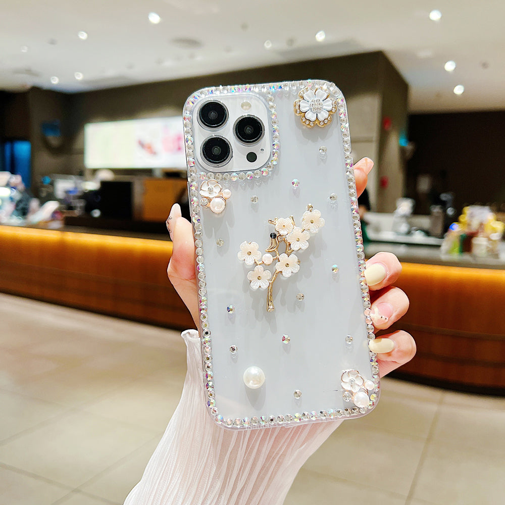 Handmade Jasmin Flower Pattern Diamond Border Transparent TPU(Soft) Case - iPhone 15 Plus