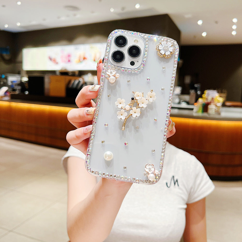 Handmade Jasmin Flower Pattern Diamond Border Transparent TPU(Soft) Case - iPhone 12 Pro Max