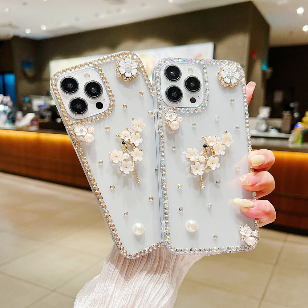 Handmade Jasmin Flower Pattern Diamond Border Transparent TPU(Soft) Case - iPhone 12 Pro Max