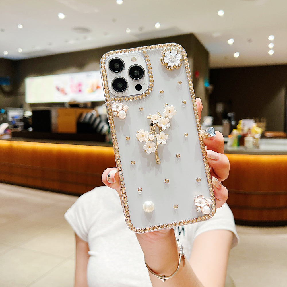 Handmade Jasmin Flower Pattern Diamond Border Transparent TPU(Soft) Case - iPhone 15 Plus