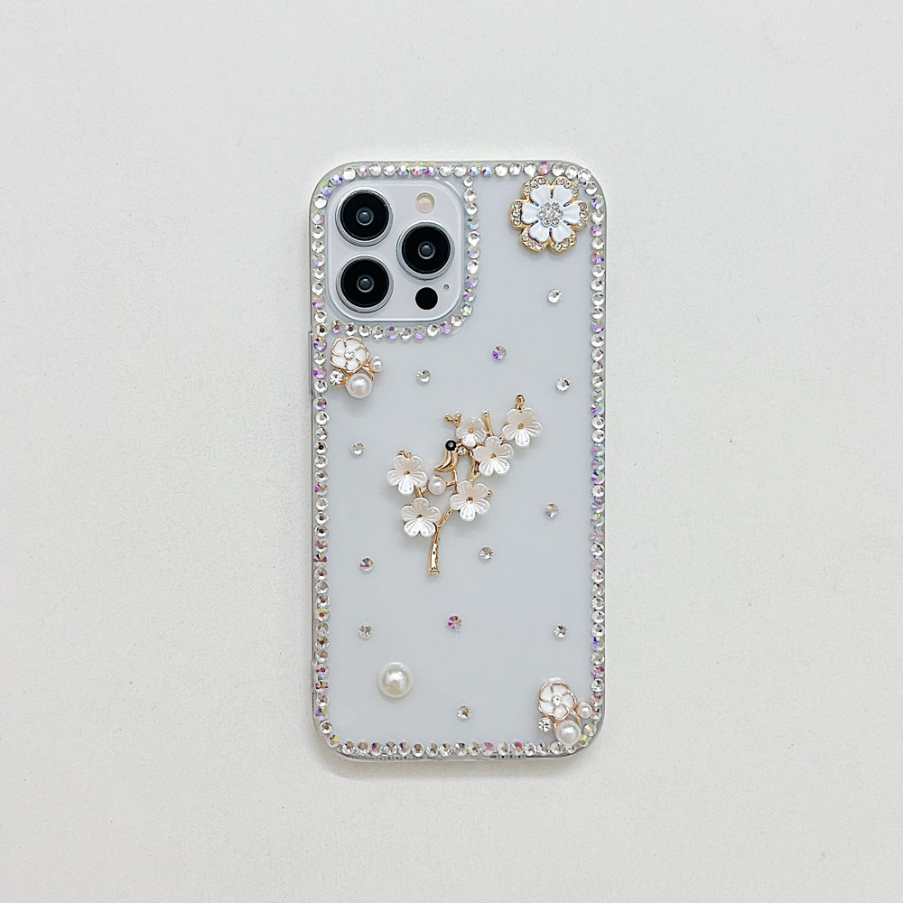 Handmade Jasmin Flower Pattern Diamond Border Transparent TPU(Soft) Case - iPhone 15 Plus