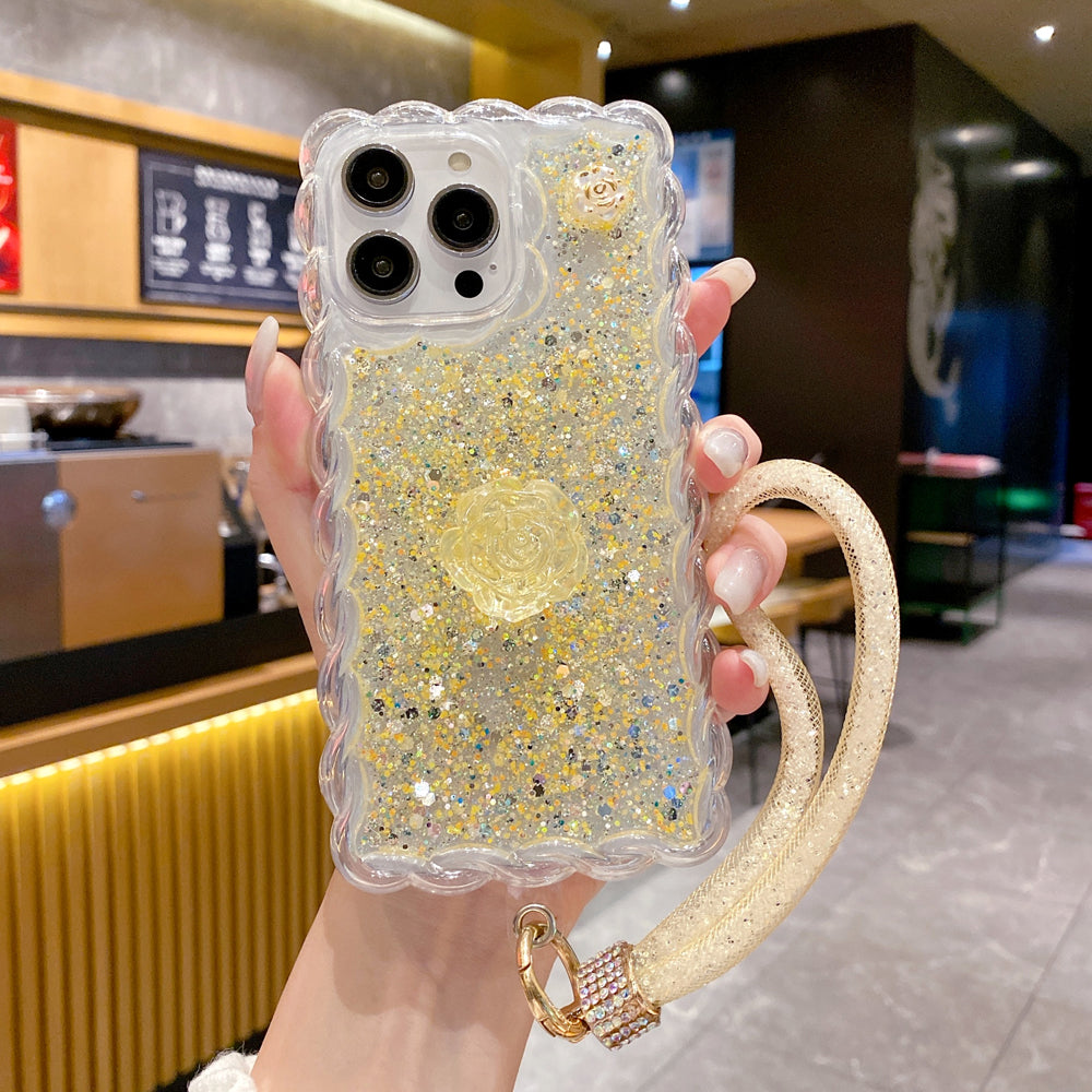 Glitter Transparent Clear Soft TPU Flower Wavy Shaped Edge Phone Case - iPhone 14 Pro