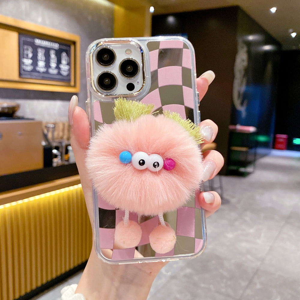 Graphic Mirror Fluffy Pom Pom Ball Stand TPU (Soft) Phone Case - iPhone 15 Plus