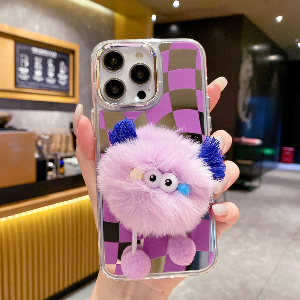 Graphic Mirror Fluffy Pom Pom Ball Stand TPU (Soft) Phone Case - iPhone 15 Plus