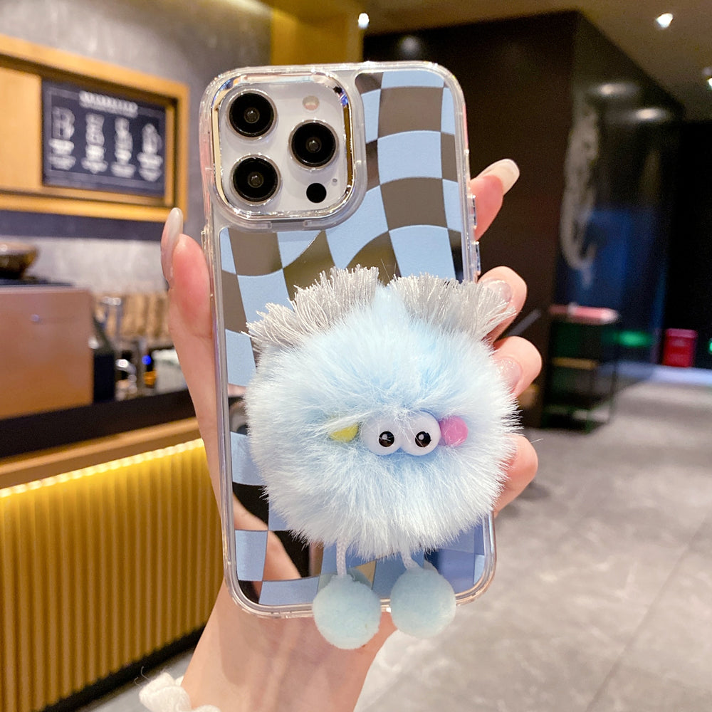 Graphic Mirror Fluffy Pom Pom Ball Stand TPU (Soft) Phone Case - iPhone 12 Pro Max