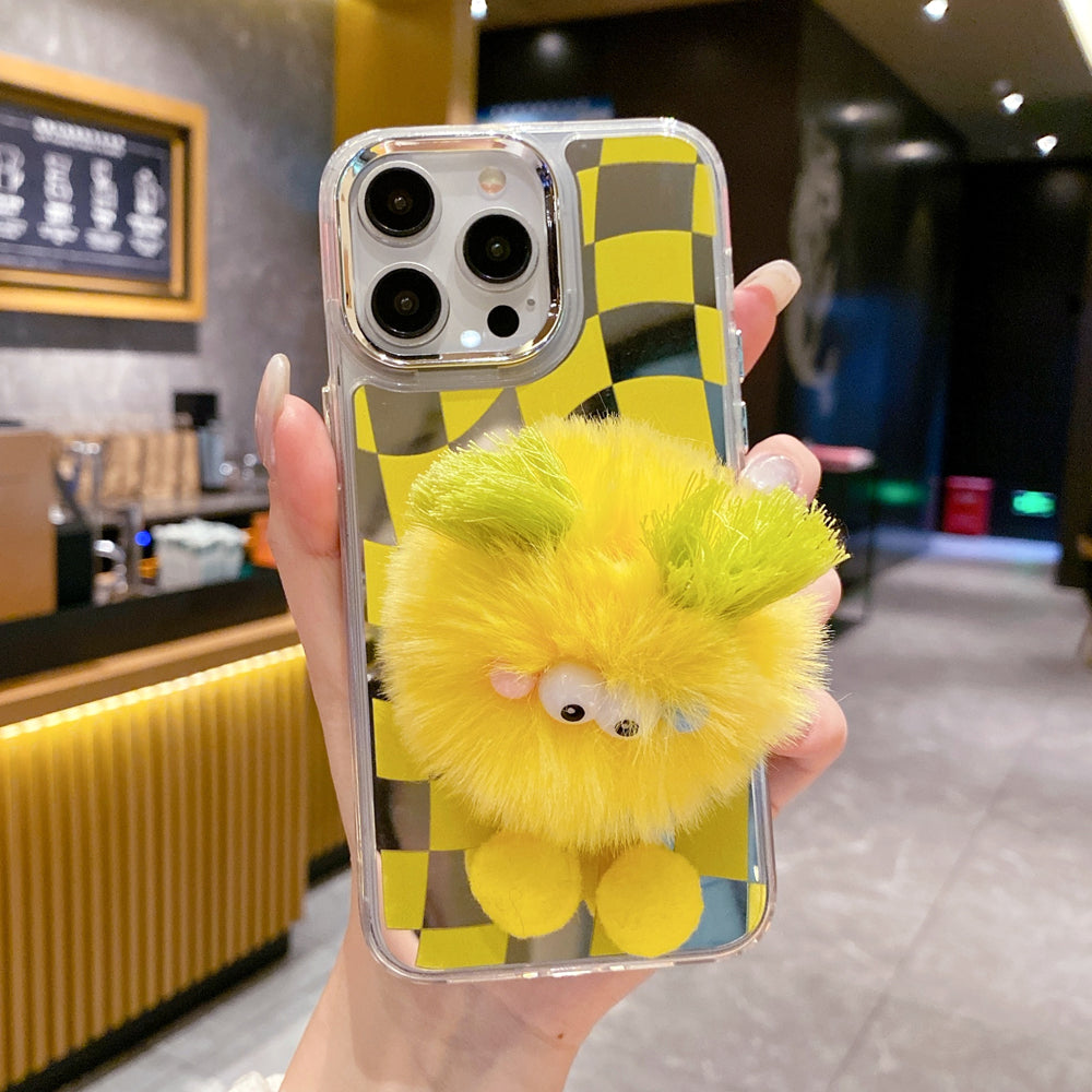 Graphic Mirror Fluffy Pom Pom Ball Stand TPU (Soft) Phone Case - iPhone 11