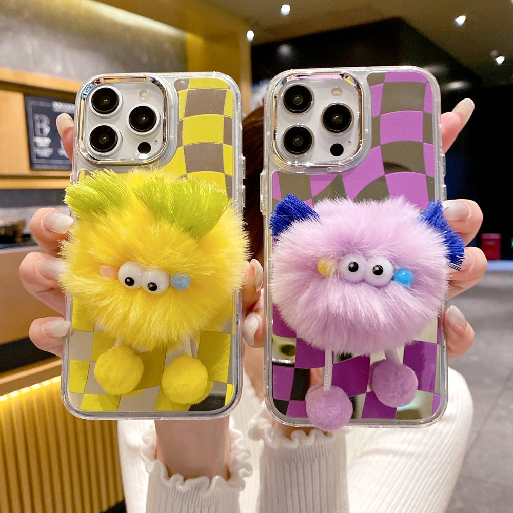 Graphic Mirror Fluffy Pom Pom Ball Stand TPU (Soft) Phone Case - iPhone 11