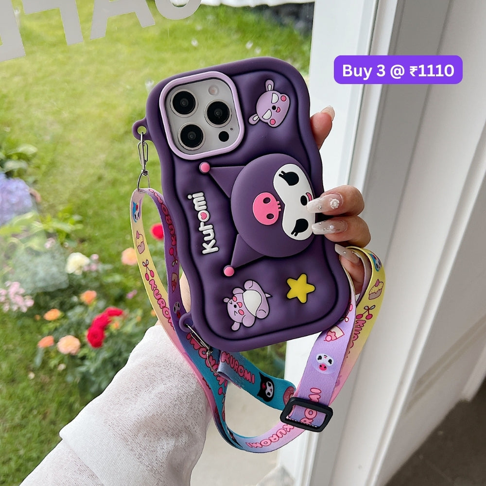 Kuromi Retractable Stand Phone Case with Shoulder Strap | Mobile Cover - iPhone 15