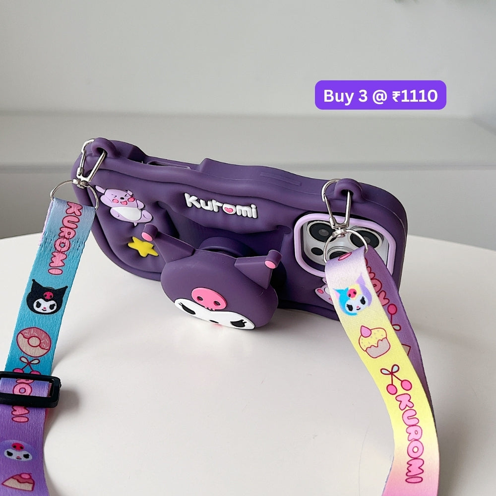 Kuromi Retractable Stand Phone Case with Shoulder Strap | Mobile Cover - iPhone 15