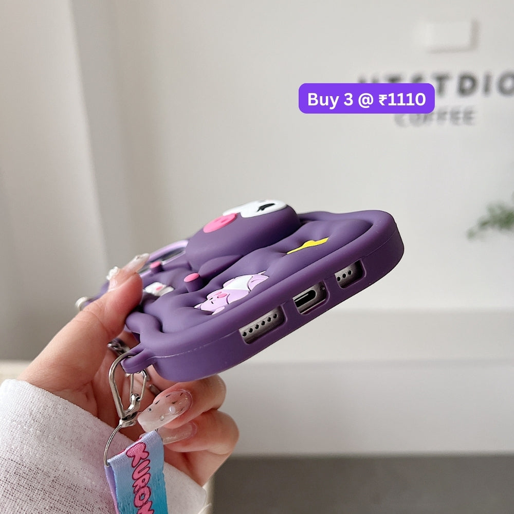 Kuromi Retractable Stand Phone Case with Shoulder Strap | Mobile Cover - iPhone 16 Plus