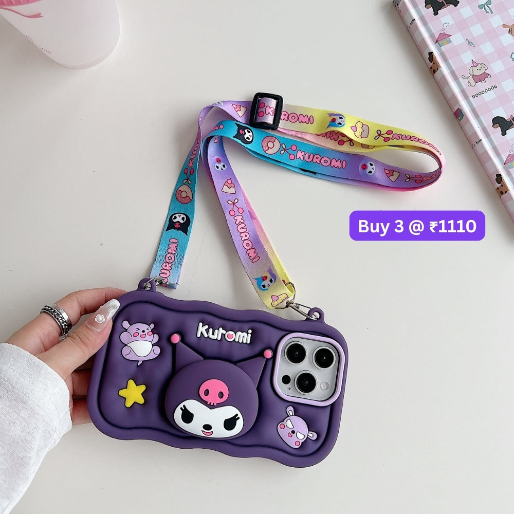 Kuromi Retractable Stand Phone Case with Shoulder Strap | Mobile Cover - iPhone 16 Plus