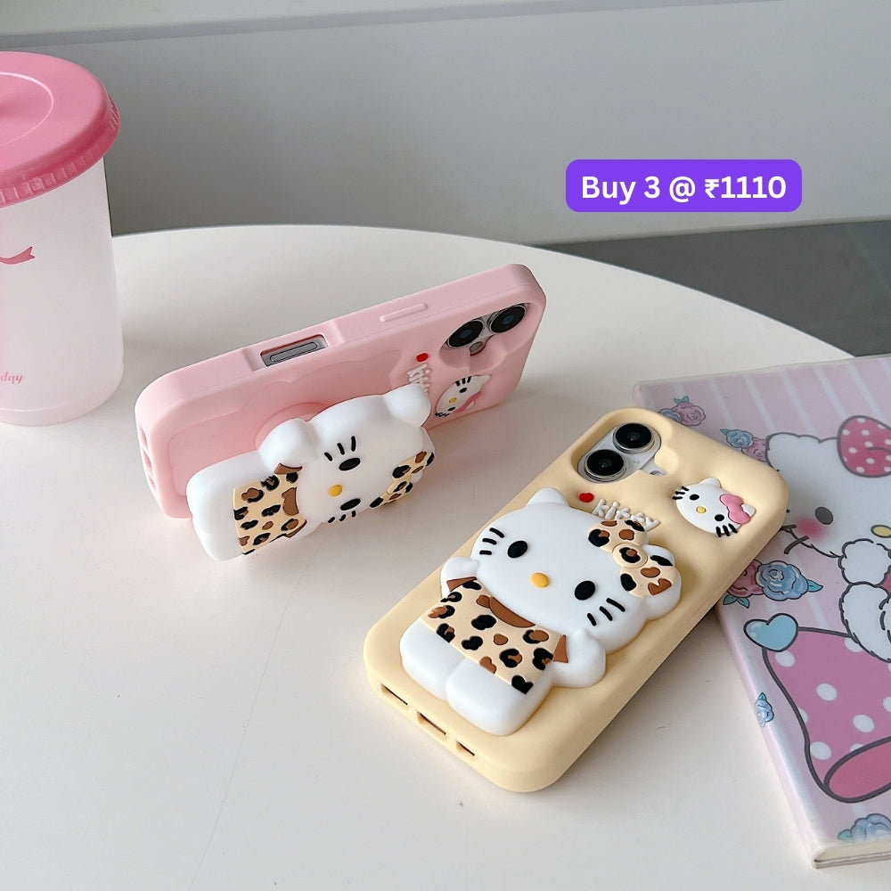 Leopard Print Cat Holder Silicone Phone Case | Mobile Cover - iPhone 15