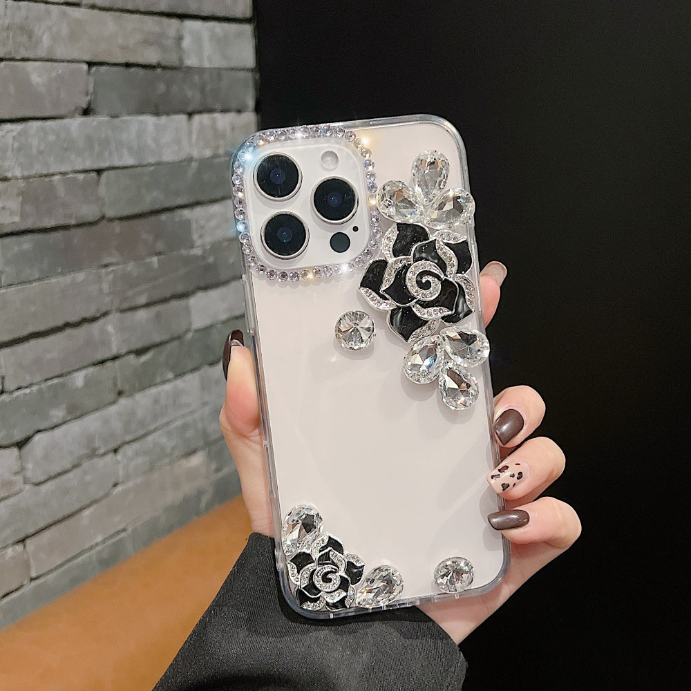 Luxury Camellia Water Diamond Transparent Phone Case - iPhone 14 Pro Max