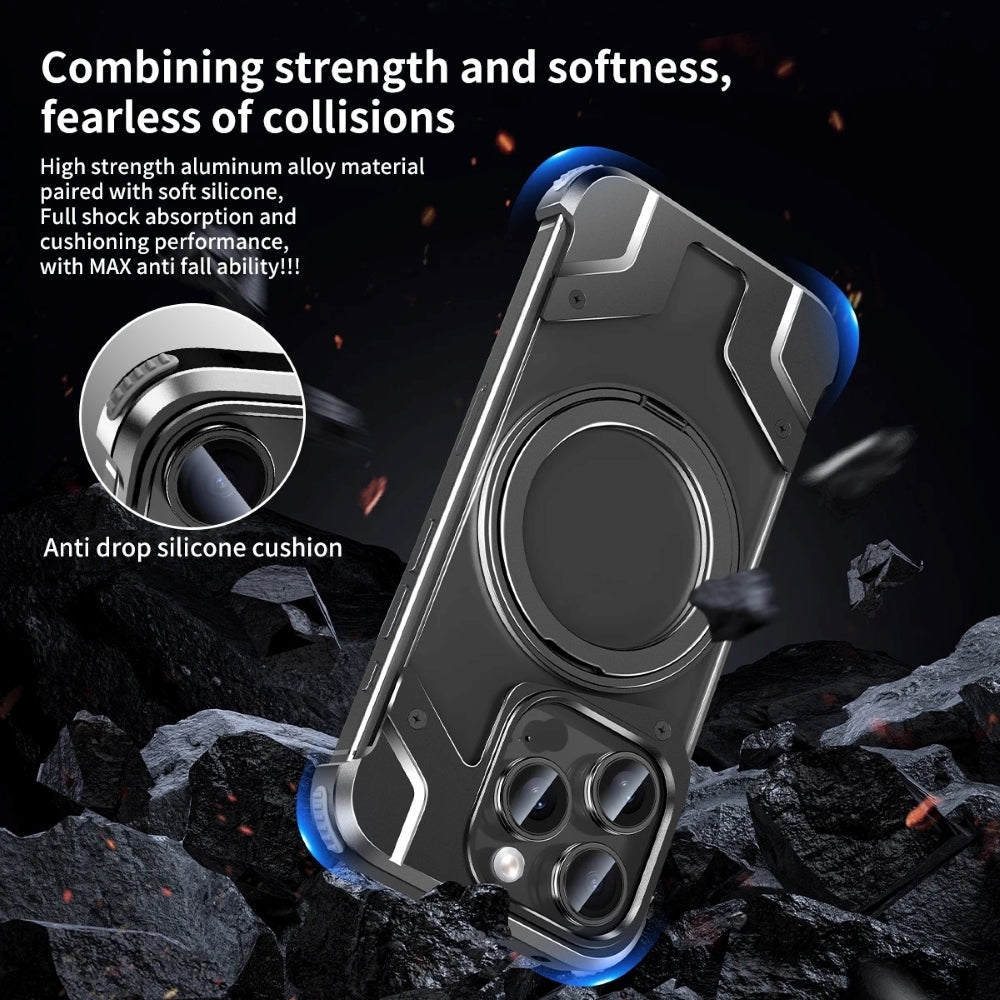 Magnetic Aluminum Alloy Frame Shockproof Phone Case with Ring Holder - iPhone 15 Pro Max