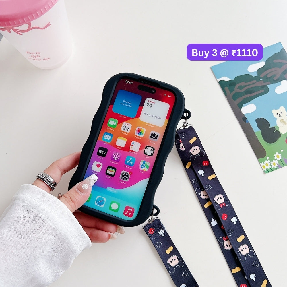 Minnie Cartoon Kickstand Phone Case with Shoulder Strap | Mobile Cover - iPhone 15