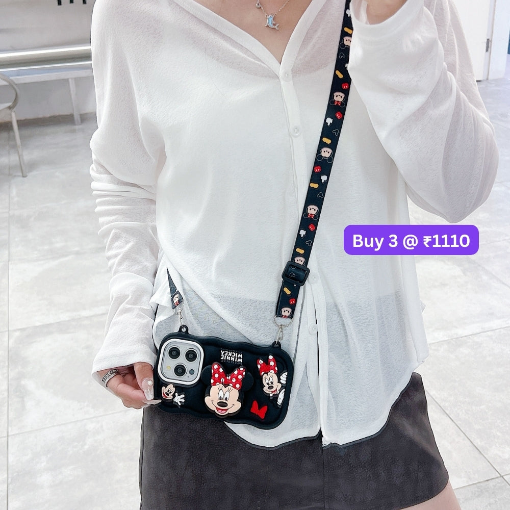 Minnie Cartoon Kickstand Phone Case with Shoulder Strap | Mobile Cover - iPhone 16 Plus