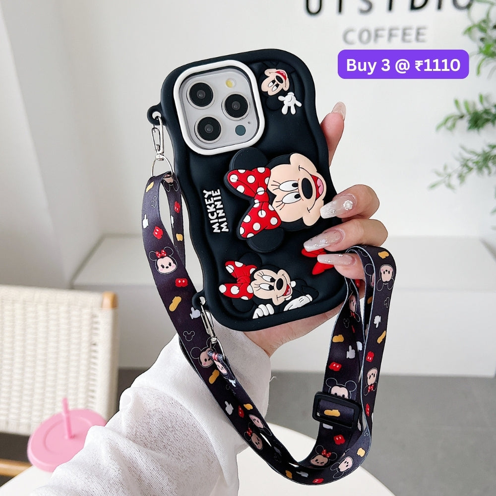 Minnie Cartoon Kickstand Phone Case with Shoulder Strap | Mobile Cover - iPhone 15