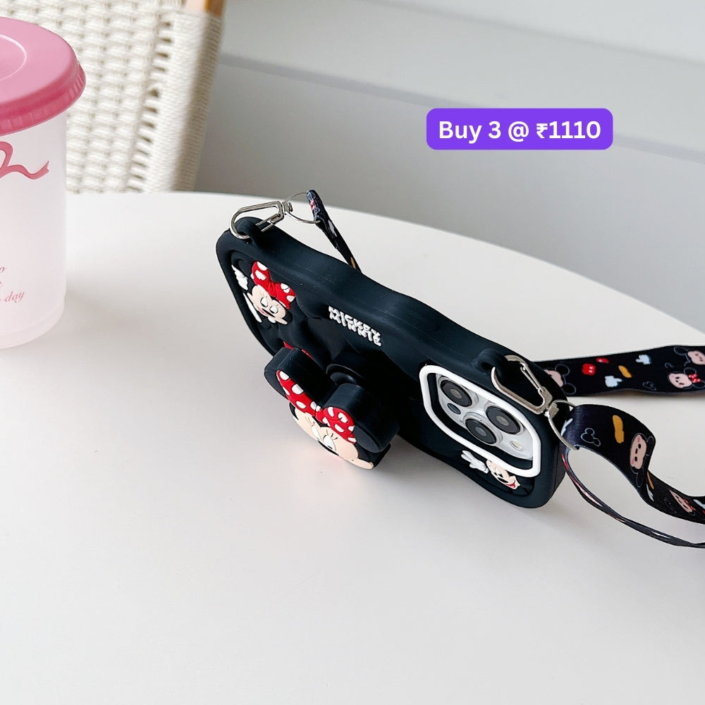 Minnie Cartoon Kickstand Phone Case with Shoulder Strap | Mobile Cover - iPhone 16 Plus